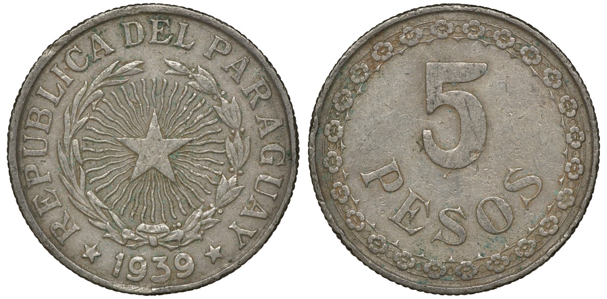 ПАРАГВАЙ 5 ПЕСО 1939 ГОД ТИП KM 18 медно-никель 72-1526