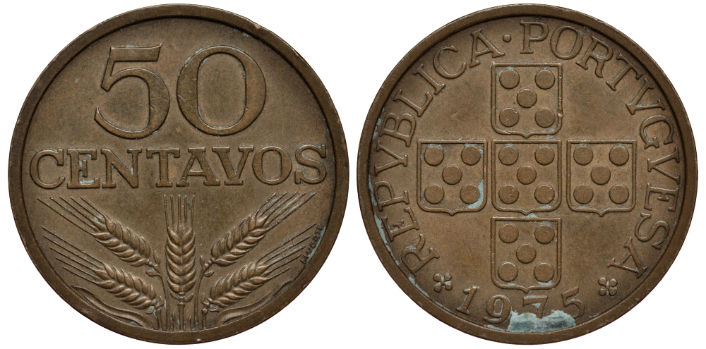 ПОРТУГАЛИЯ 50 СЕНТАВО 1975 KM 596 бронза 4182-331
