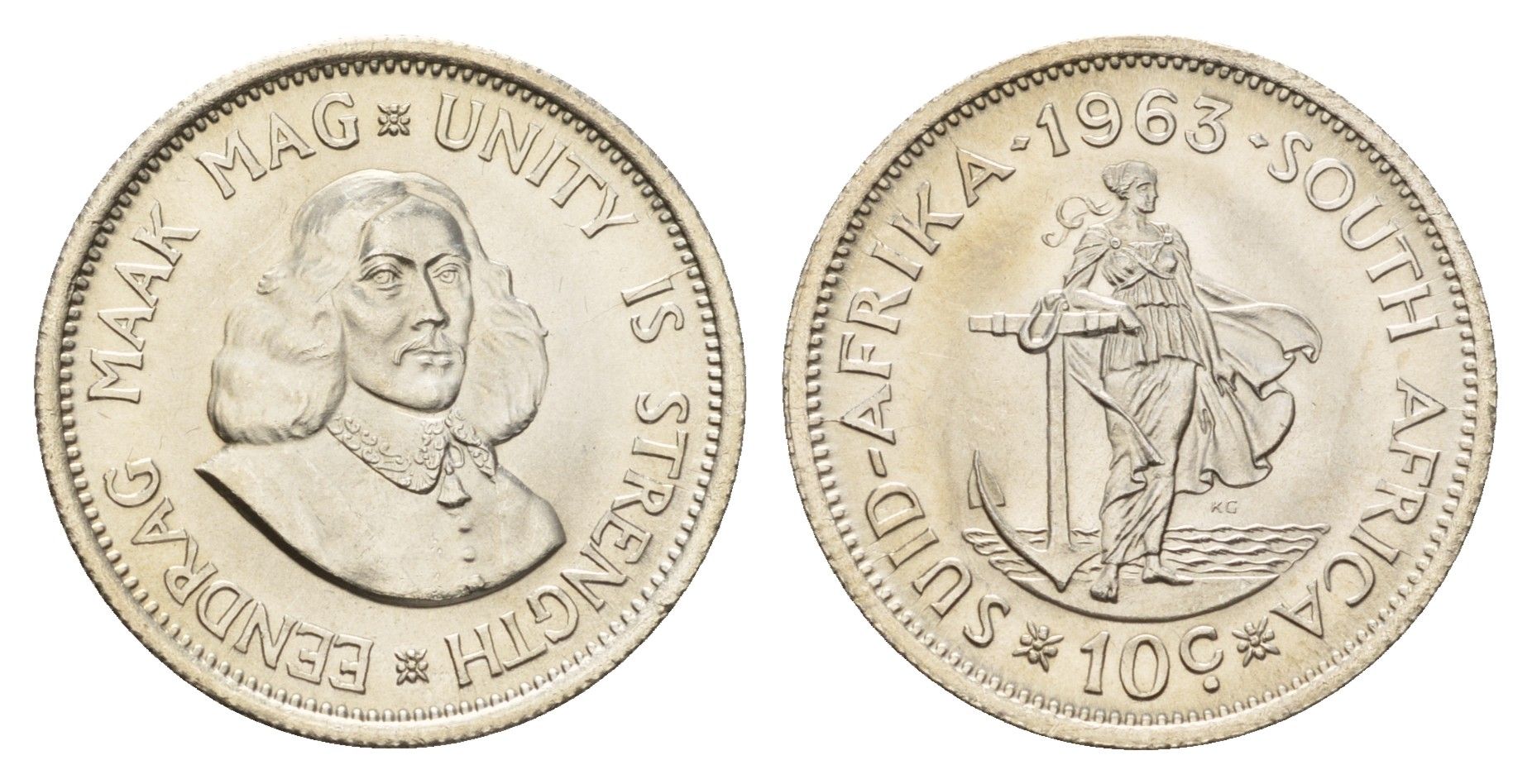 ЮАР 10 центов 1963 Ян ван Рибек KM 60 серебро UNC 76-935