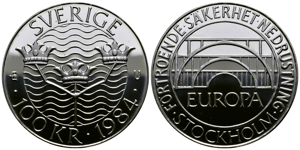 Швеция 100 крон 1984 Карл XVI Густав (1973- ), Стокгольмская конференция KM 863 серебро UNC 1527-511