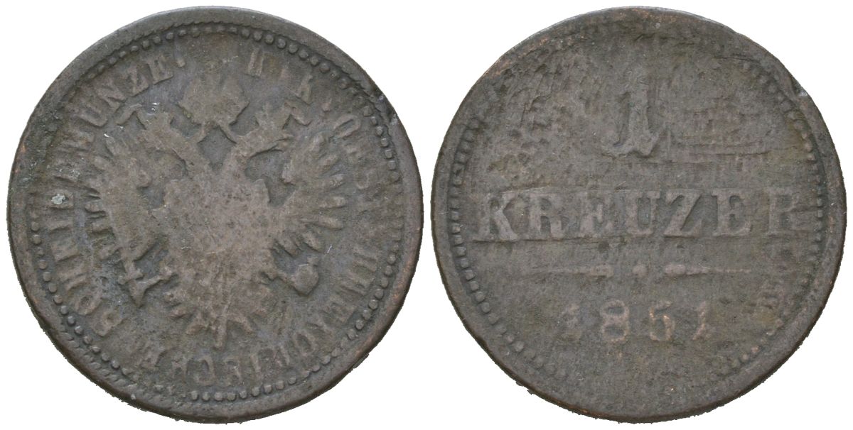 Австрия 1 крейцер 1851 ? Франц Иосиф I (1848-1916) KM 2185 медь 4617-358