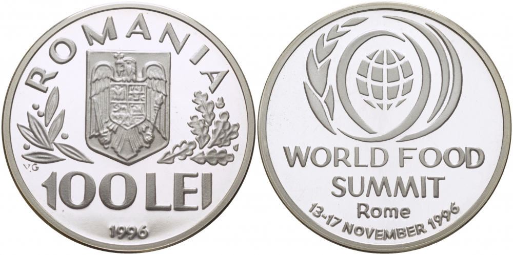 Румыния 100 леев 1996 FAO, мировой саммит продовольствия в Риме ​KM 133 серебро PROOF 1077-6-32
