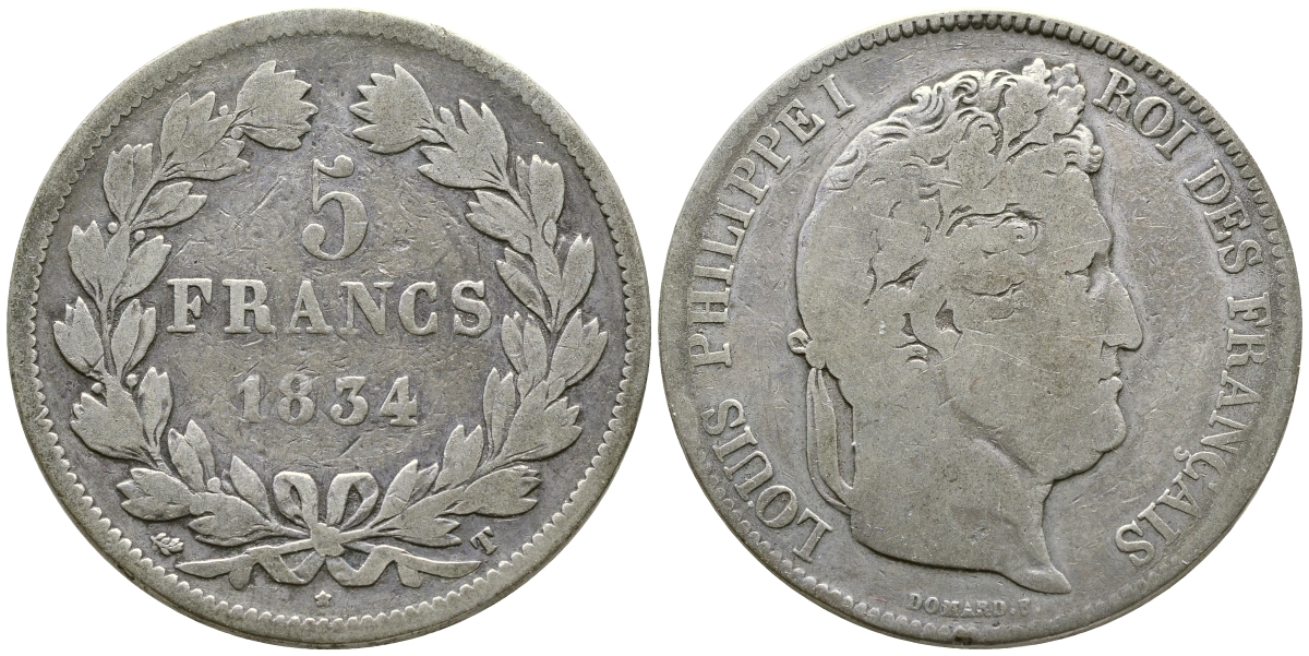Франция 5 франков 1834 T, Луи Филипп I (1830-1848) KM 749.12 серебро 1066-6-42