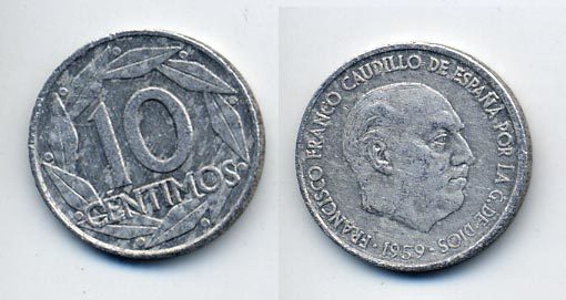 Испания 10 сентимо 1959 Франсиско Франко (1939-1975) KM 790 алюминий 54-1317