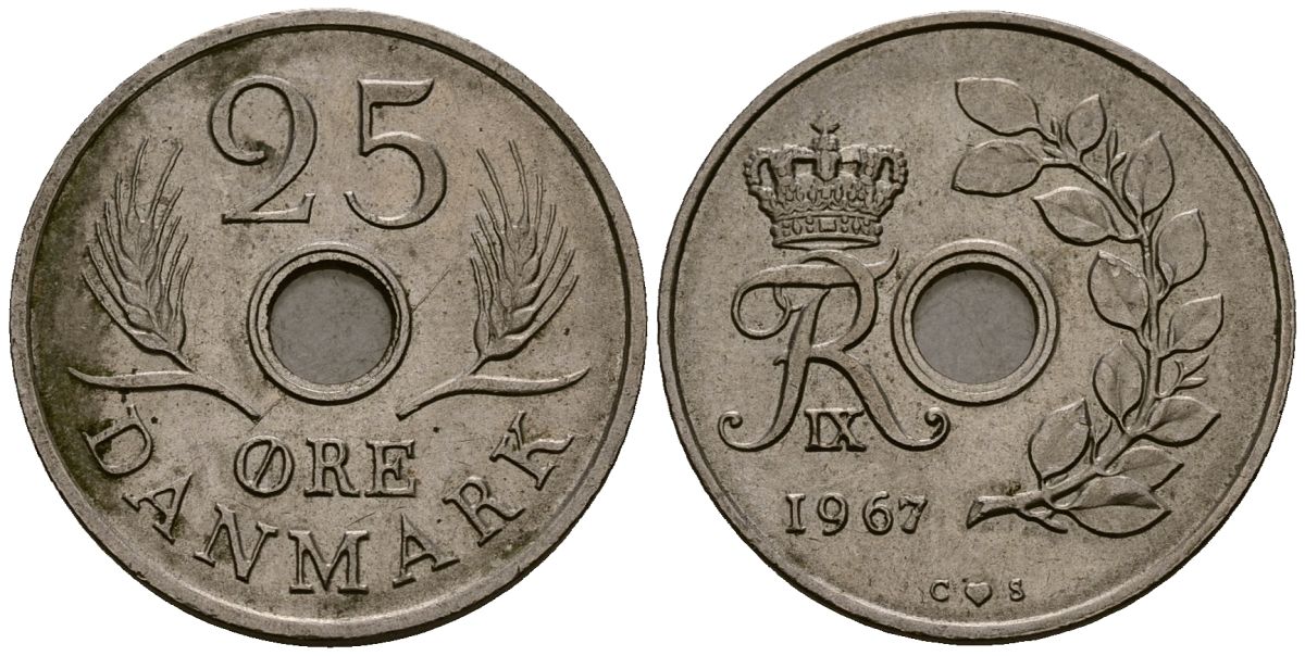 Дания 25 эре 1967 С; S, Фредерик IX (1947-1972) KM 855.1 медно-никель 4176-545
