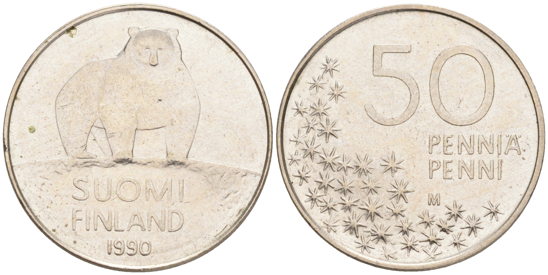 Финляндия 50 пенни 1990 M, полярный медведьЬ KM 66 медно-никель 4528-664