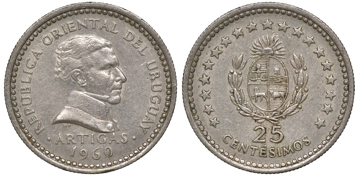 Уругвай 25 сентесимо 1960 KM 40 медно-никель 4169-862