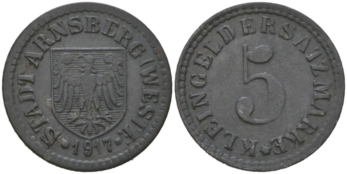 Арнсберг (Пруссия, Вестфалия) 5 пфенингов 1917 Funck 19.1, Men05 678.1, Men18 920.1 цинк 4136-359