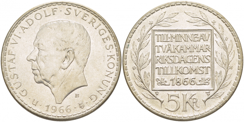 Швеция 5 крон 1966 U, Густав VI Адольф (1950-1973), 100 лет конституционным реформам KM 839 серебро UNC 1087-2-11