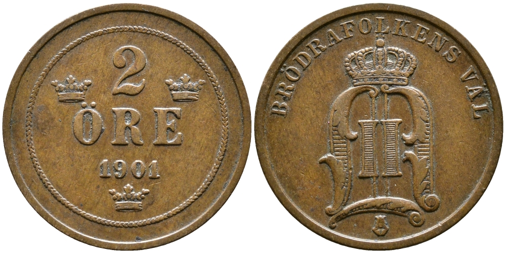 Швеция 2 эре 1901 Оскар II (1872-1907) король Швеции и Норвегии KM 746 бронза 56-657
