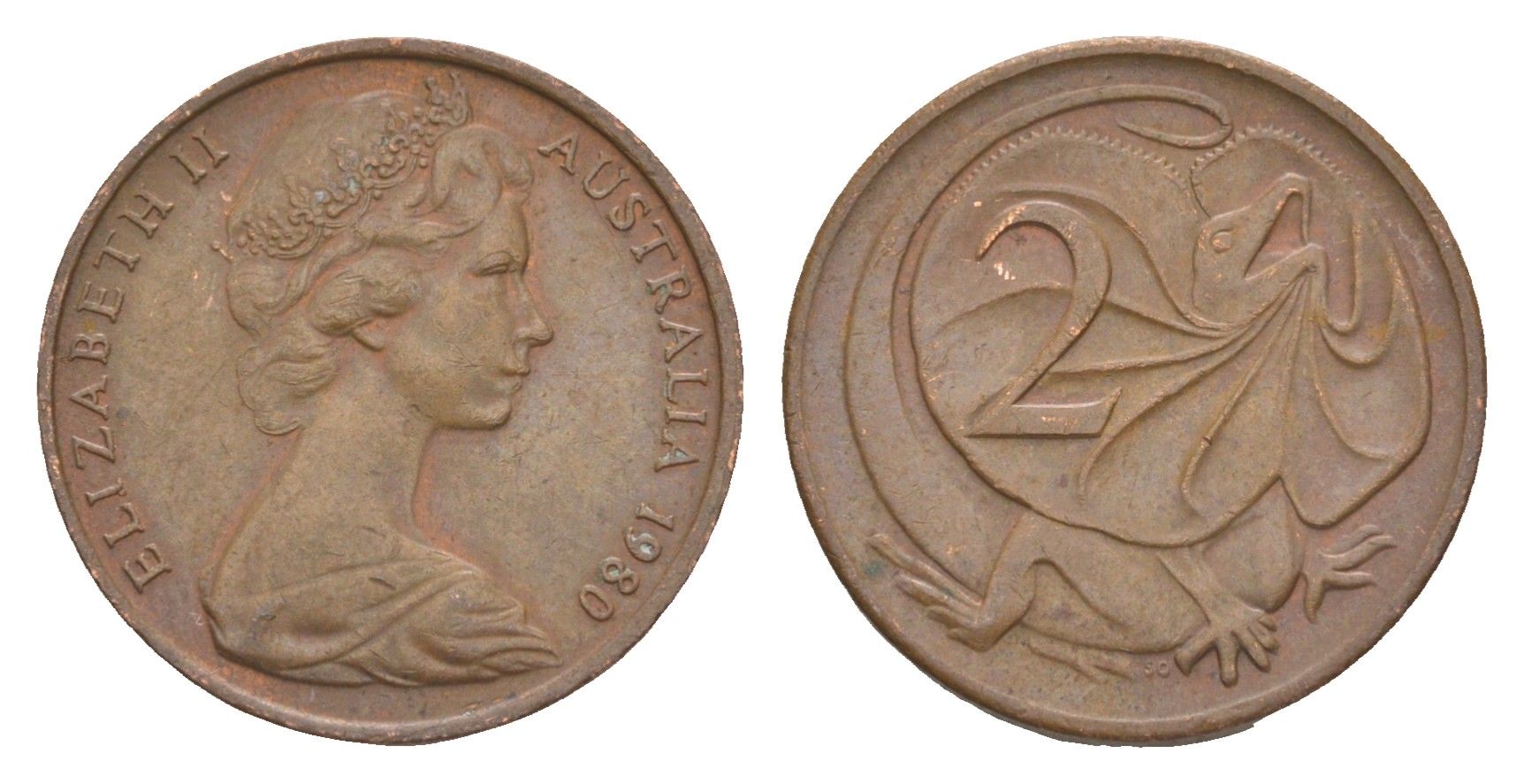 Австралия 2 цента 1980 Елизавета II (1952-2022), плащеносная ящерица KM 63 бронза 4580-1122