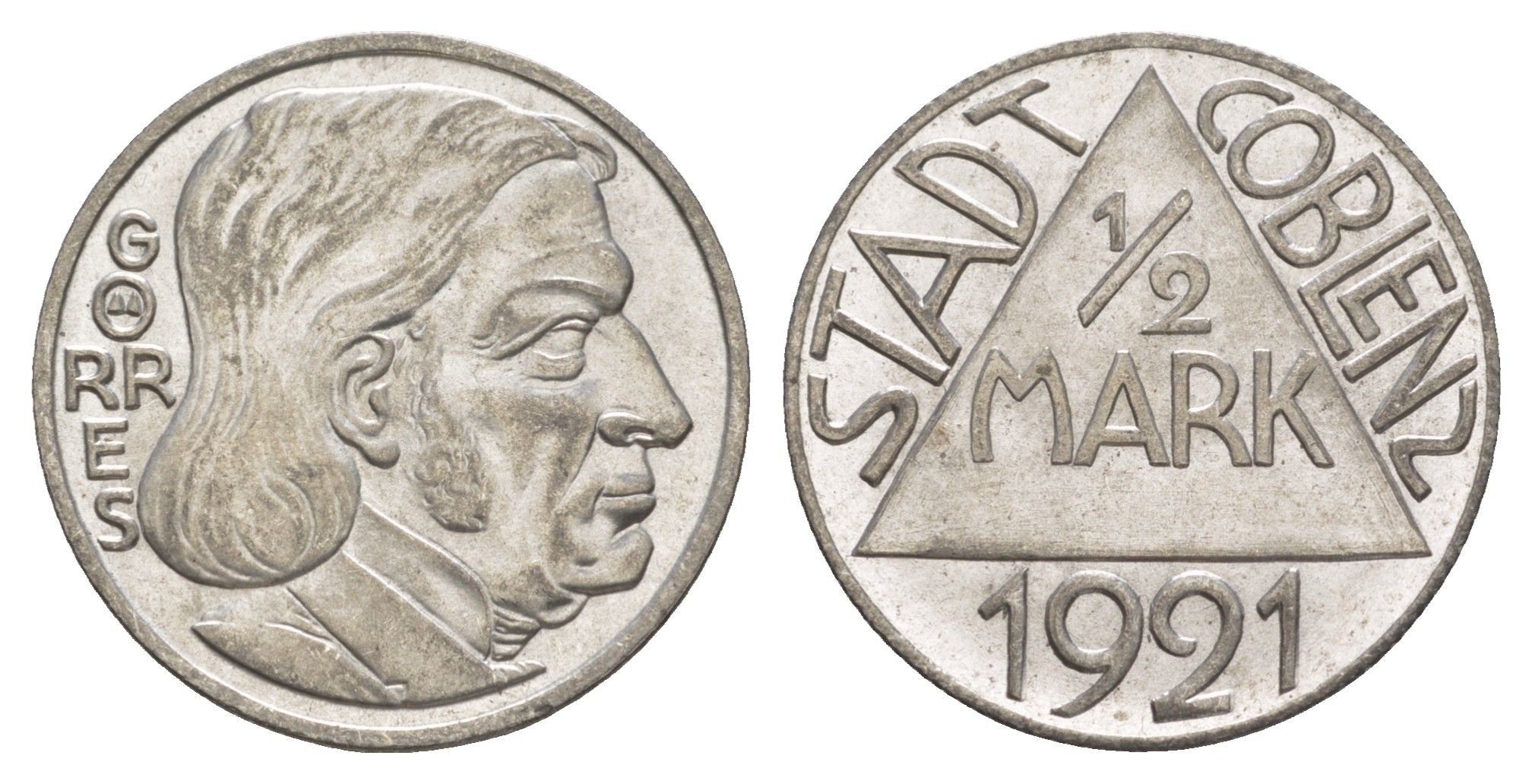 Кобленц 1/2 марки 1921 Funck 80.9A, Men05 4526.18, Men18 5727.18/20 сталь UNC 4637-1136