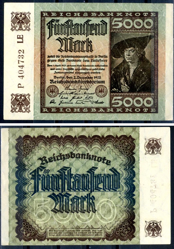 Германия 5000 марок 1922 2 декабря 1922, водяной знак I, серия LE, буква P Pick 81 c бумага 8589-35-1-2