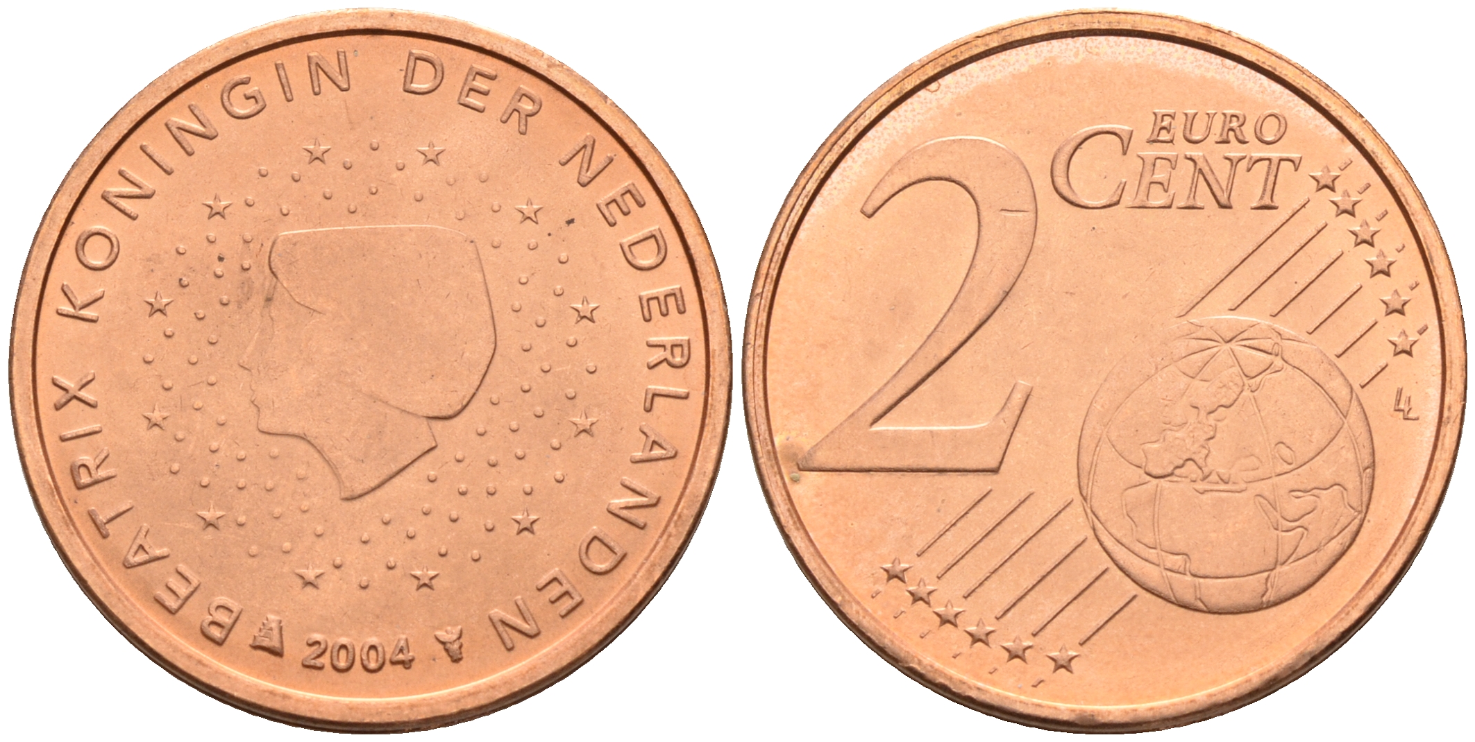 Нидерланды 2 евроцента 2004  КМ 235 сталь плакированная медью UNC   4160-1148