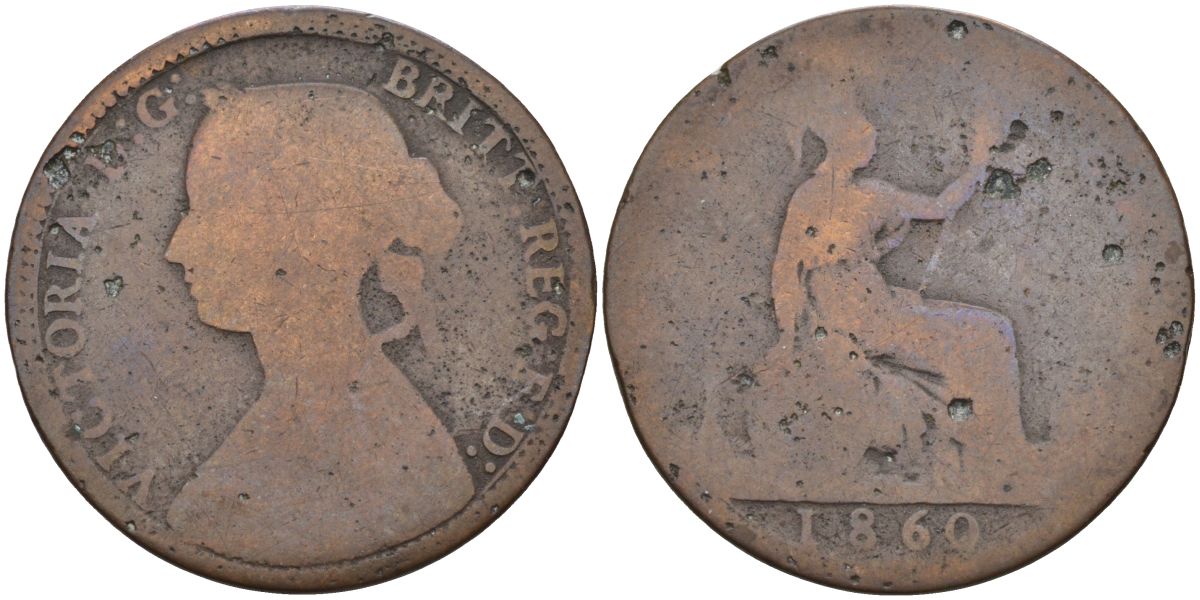 Великобритания 1/2 пенни 1860 Виктория (1837-1901), бисерная кайма KM 748.1, Spink 3956 бронза 4126-727