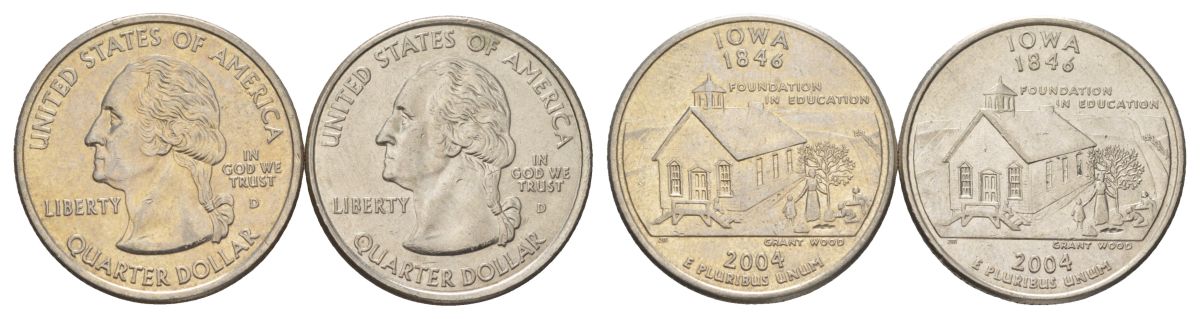США набор обоих монетных дворов 25 центов (квотер, 1/4 доллара) 2004 D и P, Квотер штата Айова KM 358 медь плакированный медно-никелем UNC 4628-1254-1255