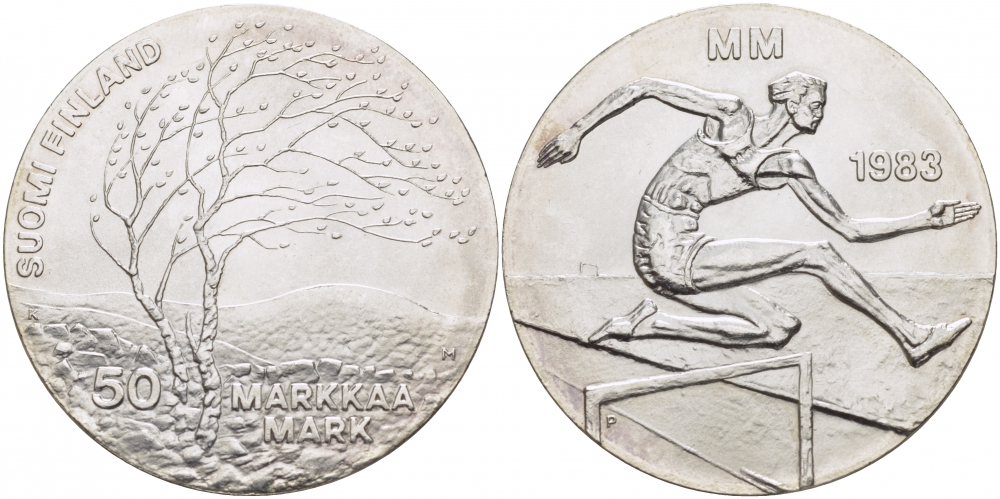Финляндия 50 марок 1983 K-T, чемпионат мира по атлетике, бег с препятствиями KM 61 серебро UNC 1515-1231