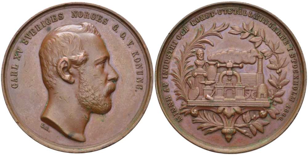 ШВЕЦИЯ МЕДАЛЬ 1866 ИНДУСТРИАЛЬНАЯ ВЫСТАВКА В СТОКГОЛЬМЕ 1866 ГОДА, КАРЛ XV КОРОЛЬ ШВЕЦИИ И НОРВЕГИИ, ПАРОВОЗ, ДИАМЕТР 39 ММ., ВЕС 28 ГР. бронза 1084-2-61