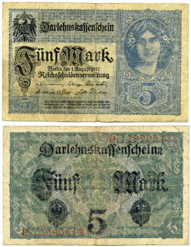 ГЕРМАНИЯ 5 МАРОК 1917 1 АВГУСТА 1917, ВОСЕМЬ ЦИФР В НОМЕРЕ СЕРИИ, СЕРИЯ Р Pick 56b, Rosenberg 54b бумага 8613-7-2-2