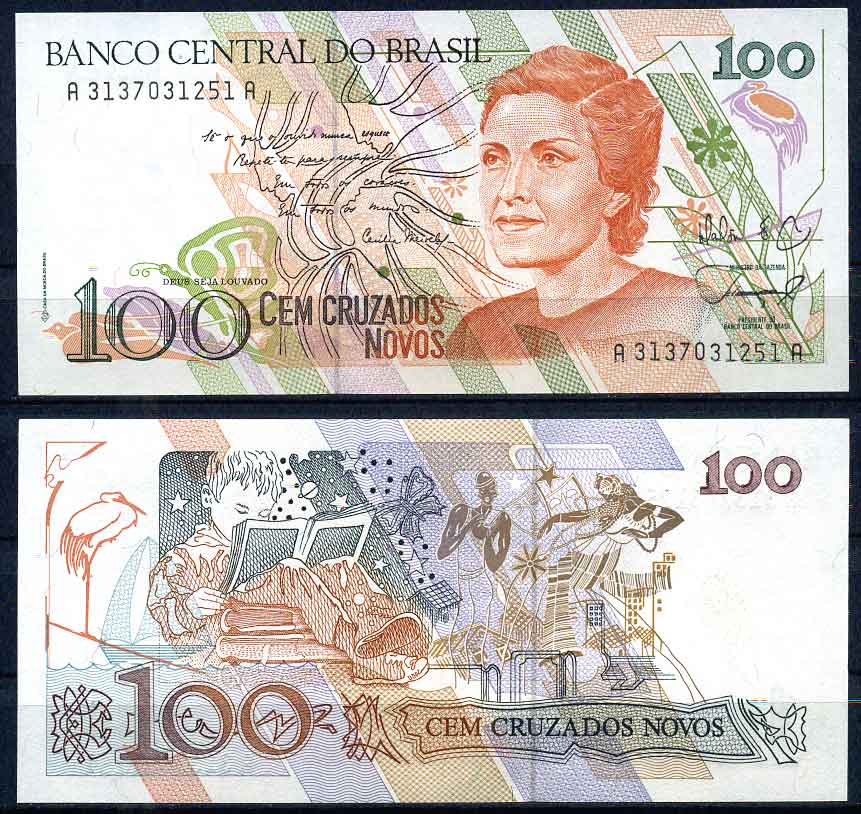 Бразилия 100 новых крузадо 1990 подпись 26, серия А 3137 Pick 220 a бумага UNC (пресс)   447-18-2