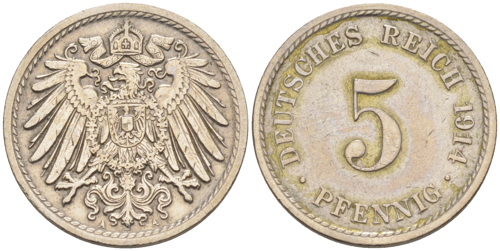 ГЕРМАНИЯ 5 ПФЕННИГОВ 1914 А, KM 11, J. 12 медно-никель 188-368