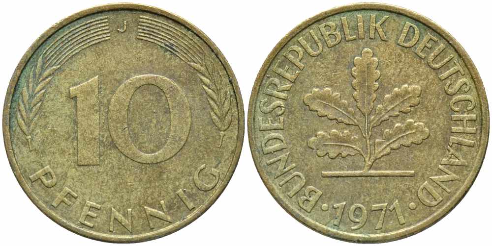 ФРГ 10 ПФЕННИГОВ 1971 J KM 108, J. 383 сталь плакированная латунью 113-132