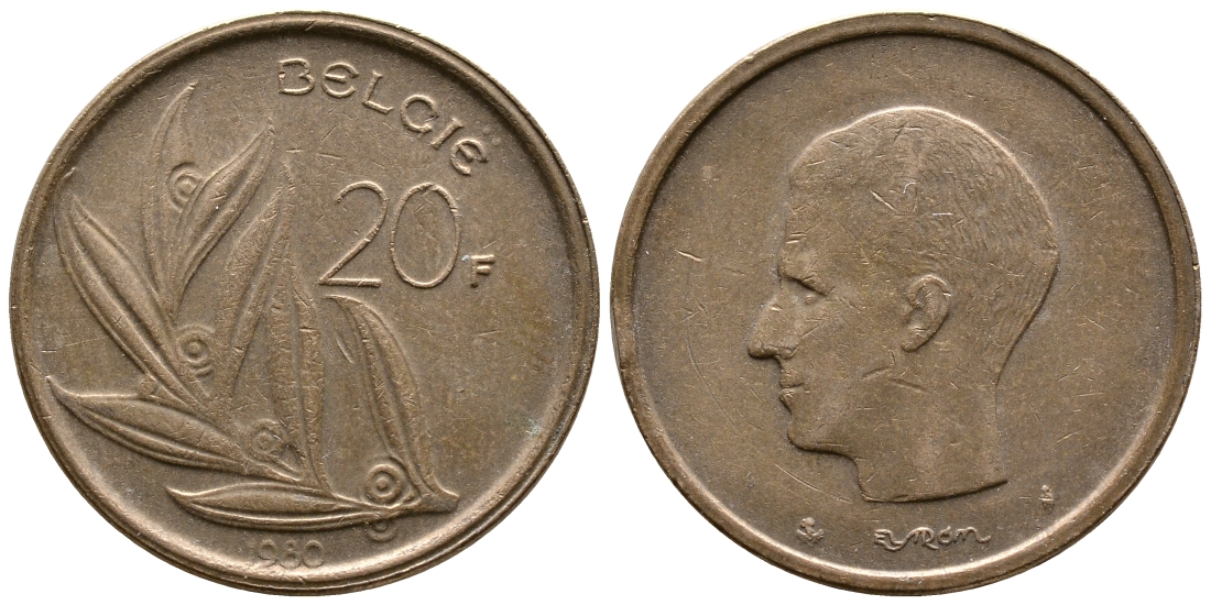 БЕЛЬГИЯ 20 ФРАНКОВ 1980 BELGIE, БОДУЭН I (1951-1993) КМ 160 никель бронза 56-1157