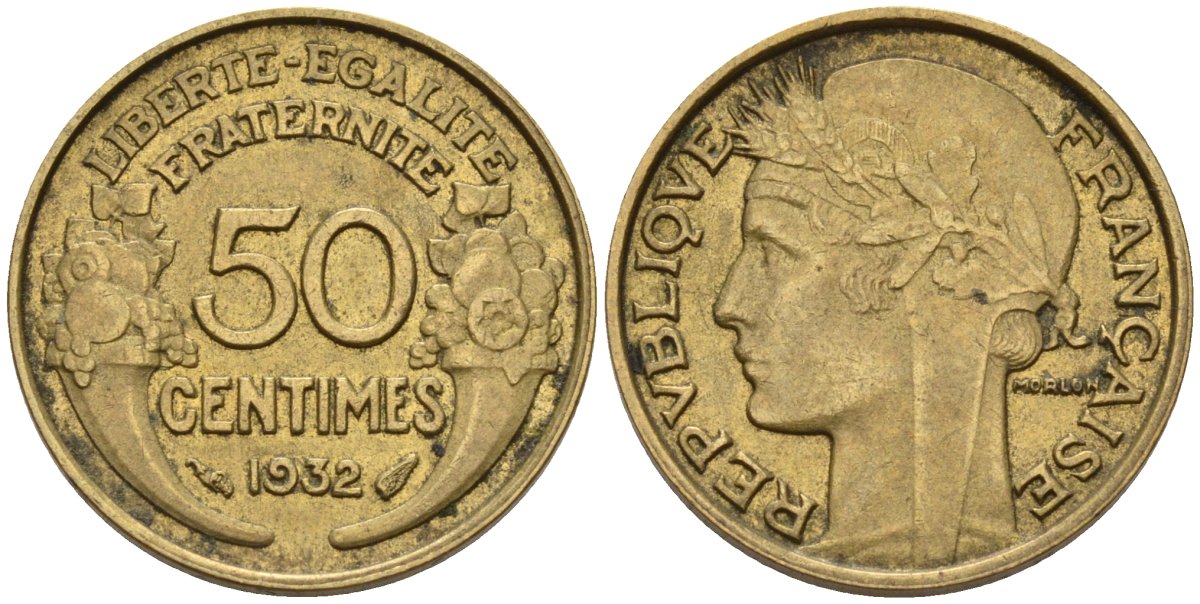 Франция 50 сантимов 1932 KM 894.1, Le Franc 192.15 алюминиевая бронза 4596-748