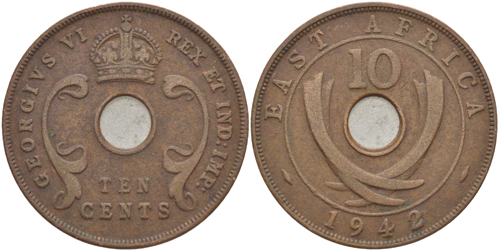 Британская Восточная Африка 10 центов 1942 Георг VI (1936-1952) KM 26.2 бронза 3333-1146