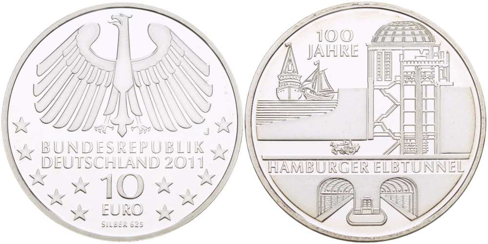 ФРГ 10 евро 2011 J, 100 ЛЕТ ГАМБУРГСКОМУ ТОННЕЛЮ ПОД ЭЛЬБОЙ KM 302, DE.S 10.52 серебро PROOF 1085-5-75