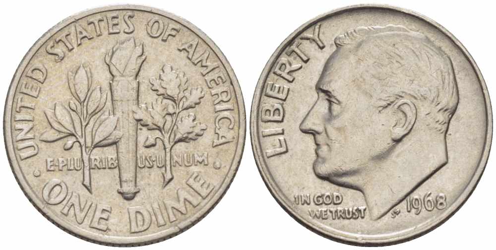 США 10 ЦЕНТОВ = 1 ДАЙМ 1968 РУЗВЕЛЬТ KM 195а медь плакированная медно-никелем 105-651