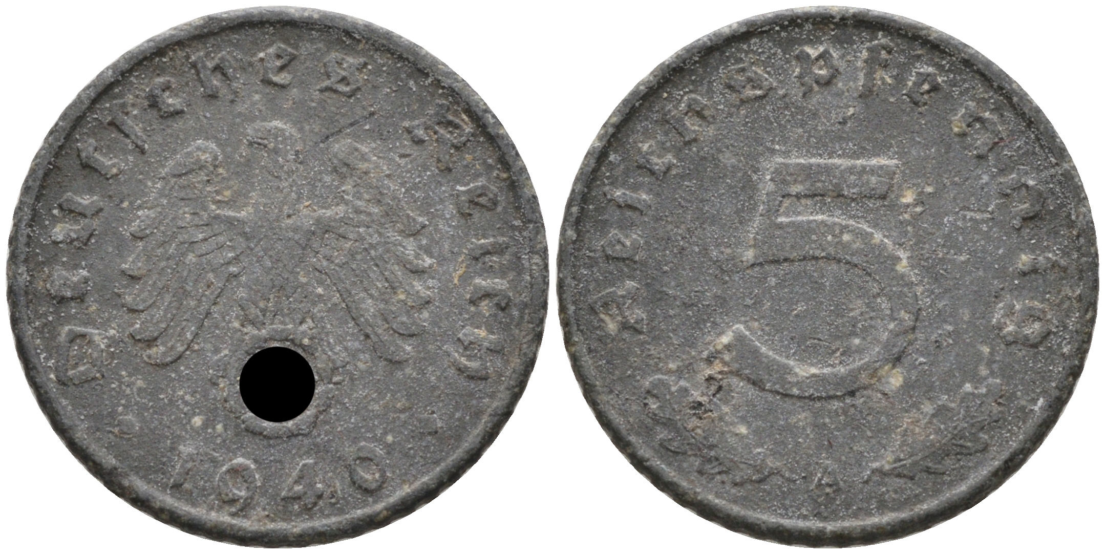 ГЕРМАНИЯ 5 РЕЙХСПФЕННИГОВ 1940 A, KM 100, J. 370 цинк 75-159
