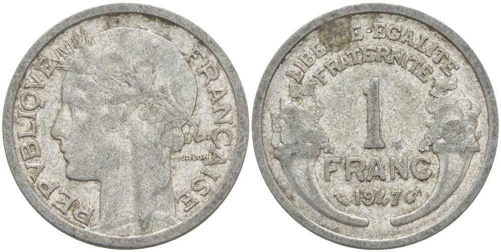 ФРАНЦИЯ 1 ФРАНК 1947 ТИП MORLON KM 885а.1, LE FRANC 221.11 алюминий 4544-416