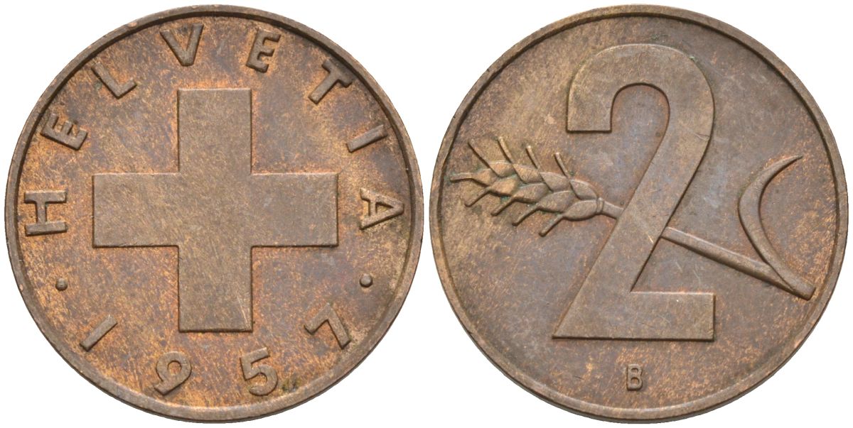 Швейцария 2 раппена 1957 В KM 47 бронза 4591-1145