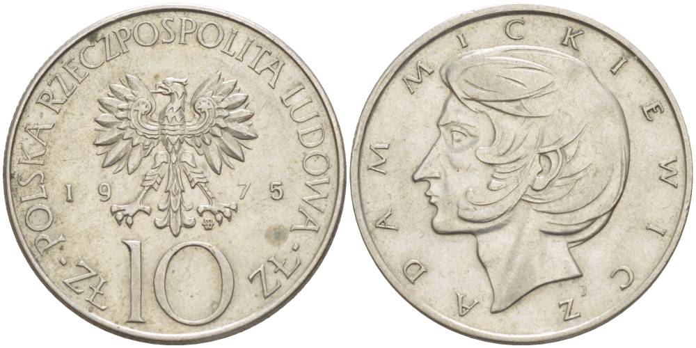 Польша 10 злотых 1975 MW, Адам Мицкевич (1798-1855) KM 74, Parchimowicz 242a медно-никель 4544-617
