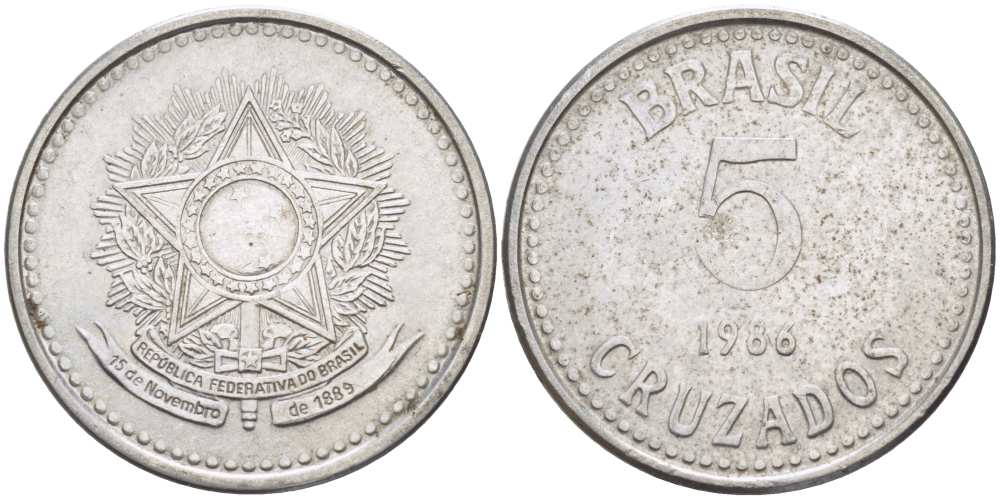 Бразилия 5 крузадо 1986 реформа (1986-1989) KM 606 нержавеющая сталь 24-743