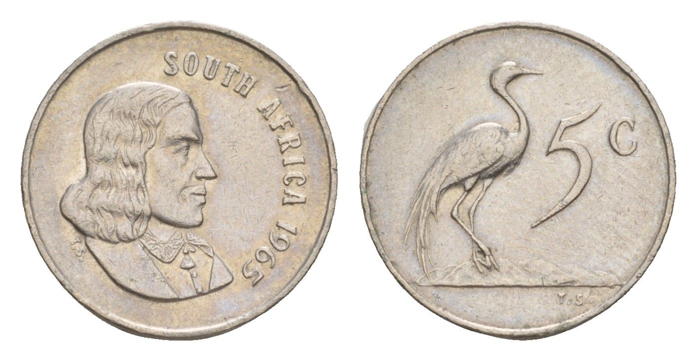ЮАР 5 центов 1965 Ян ван Рибек (1619-1677), South Africa, легенда на англинском, райский журавль KM 67.1 медно-никель 4651-815