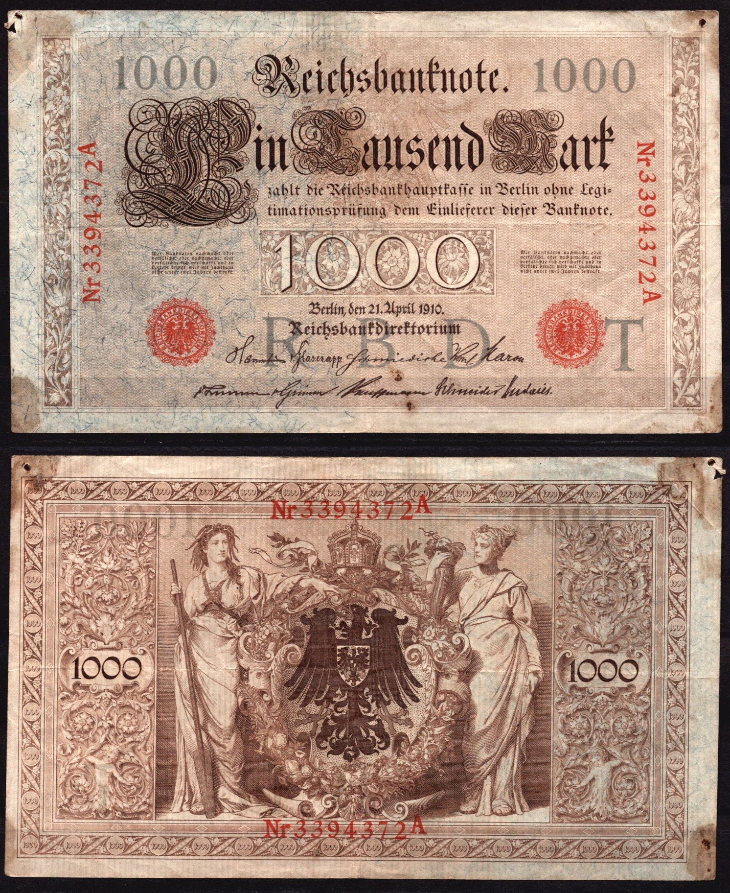 Германия 1000 марок 1910 Берлин, A; аллегорические фигуры («Мореплавание» и «Земледелие»), герб Pick 44 b бумага 7547-83-2-2