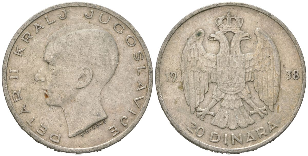Югославия 20 динаров 1938 Петр II (1934-1945) KM 23 серебро 4177-915