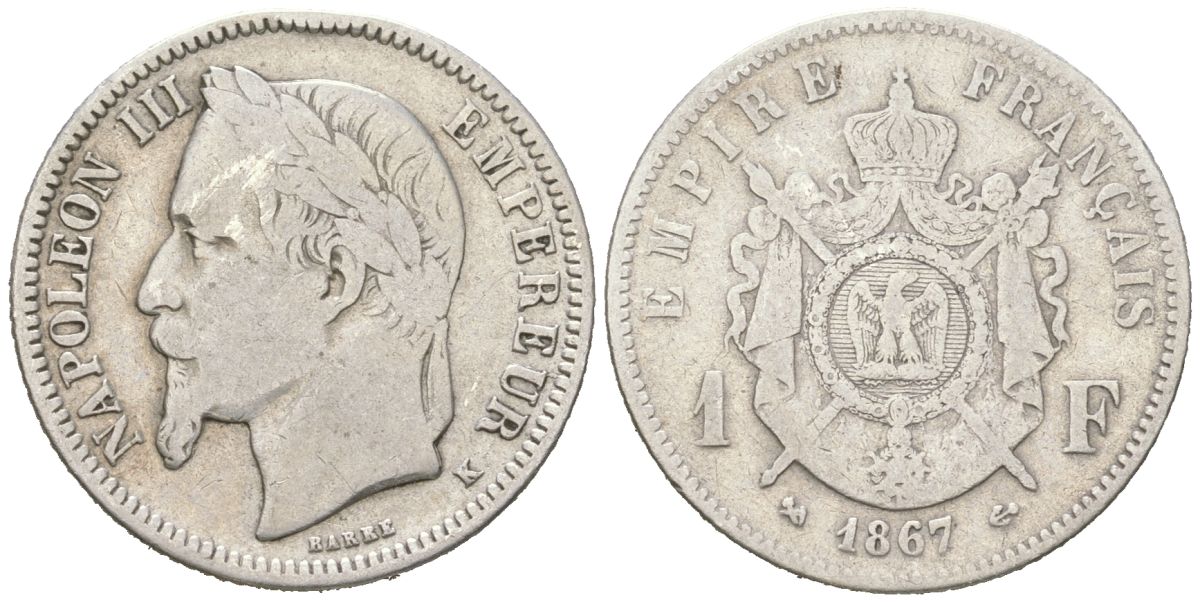 Франция 1 франк 1867 K, Наполеон III (1852-1870) KM 806.3 серебро 4616-512