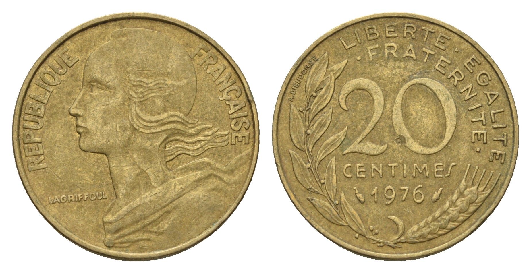 Франция 20 сантимов 1976 KM 930 алюминиевая бронза 4673-1121