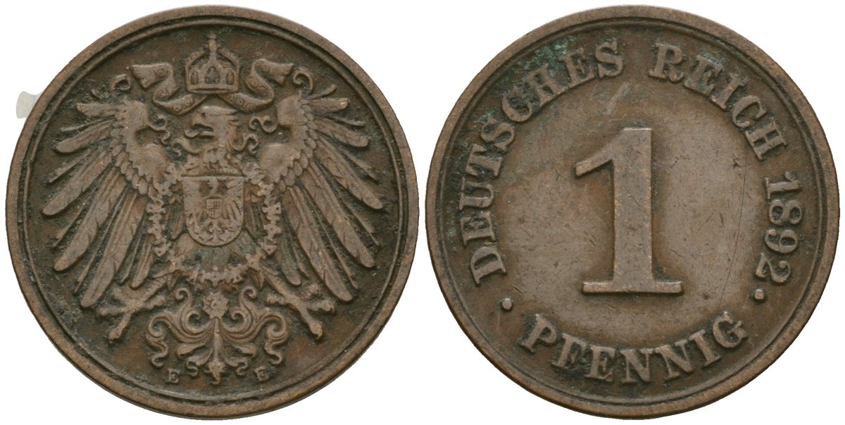 Германия 1 пфенниг 1892 E, Вильгельм II (1888-1918) KM 10, J. 10 медь 4608-157