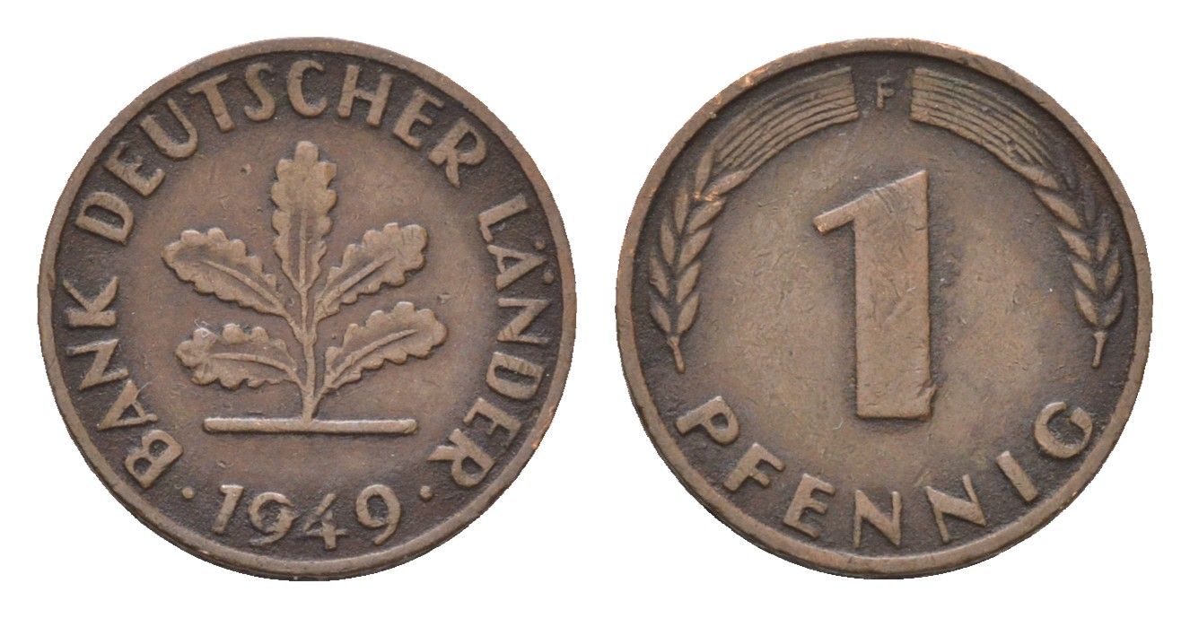 ФРГ 1 пфенниг 1949 F KM A101, J. 376 сталь плакированная бронзой 4618-559