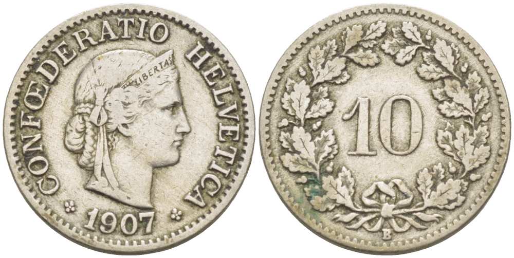 ШВЕЙЦАРИЯ 10 РАППЕНОВ 1907 В KM 27 медно-никель 4513-217