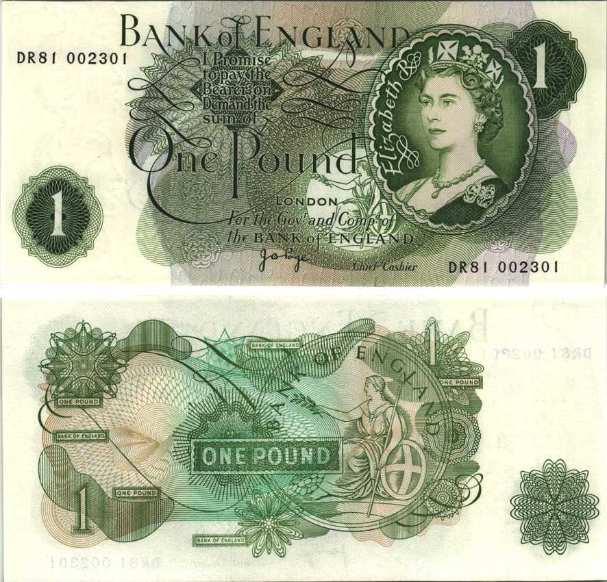 АНГЛИЯ 1 ФУНТ 1970-1977 ПОДПИСЬ J.B. PAGE Pick 374g бумага UNC (ПРЕСС) 7214-19-2-1