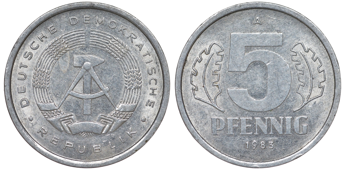 ГДР 5 ПФЕННИГОВ 1983 A КМ 9.2 алюминий 62-523