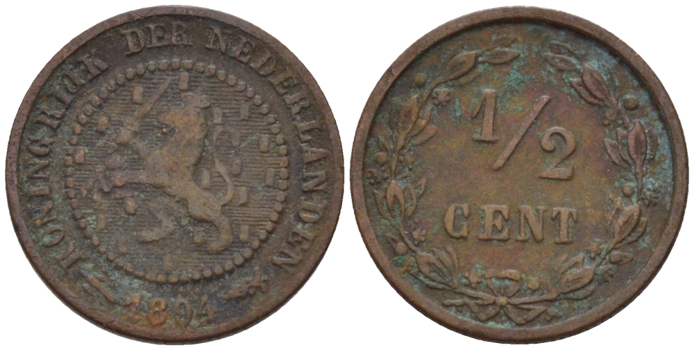 НИДЕРЛАНДЫ 1/2 ЦЕНТА 1894 ВИЛЬГЕЛЬМИНА (1890-1948) KM 109 бронза 39-143