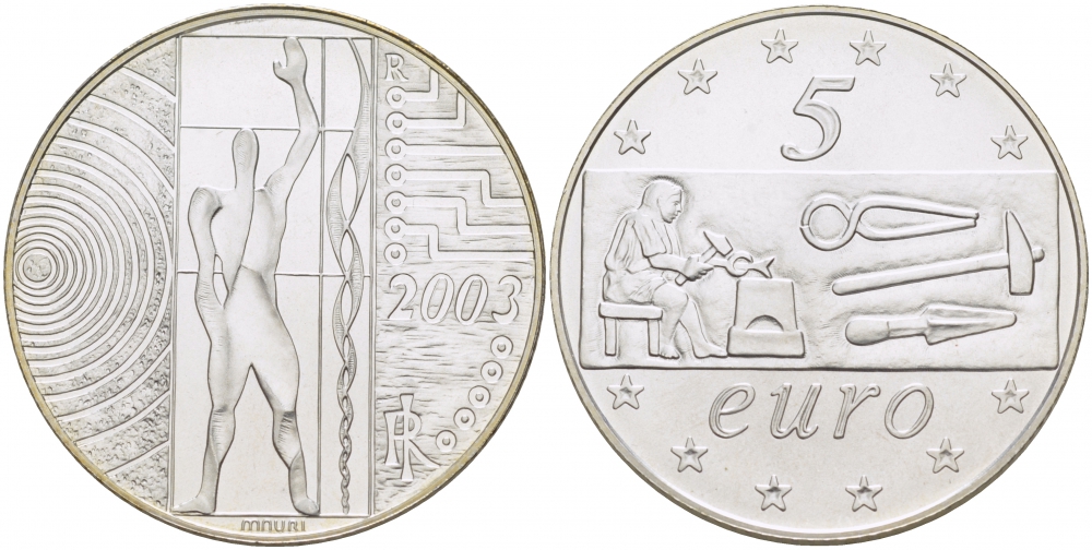 ИТАЛИЯ 5 ЕВРО 2003 РАБОЧИЙ КЛАСС ЕВРОПЫ KM 253 серебро UNC 1087-4-24