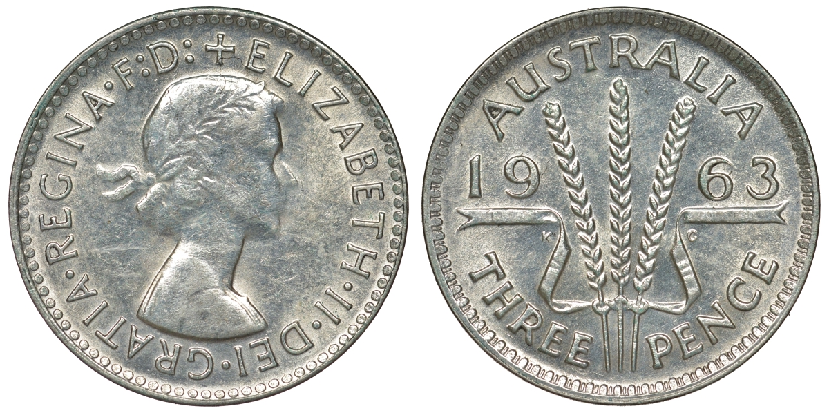 Австралия 3 пенса 1963 m, Елизавета II (1952-2022) KM 57 серебро 71-849