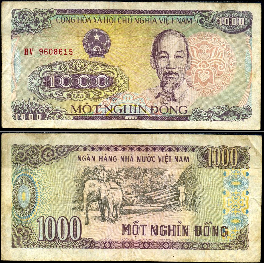Вьетнам 1000 донгов 1988 Хо Ши Мин, маленькая серия Pick 106а бумага 8589-31-4-2
